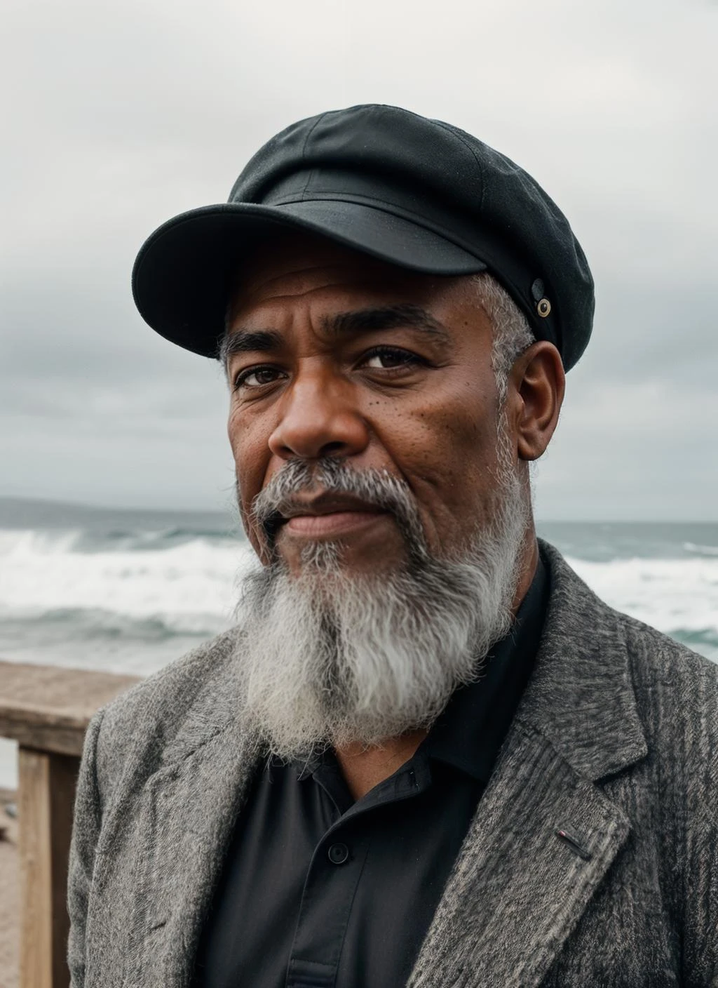 RAW Photo, DSLR, professional color graded, BREAK portrait of an old black man, lighthouse keeper, big fussy white beard, high detailed skin, skin wrinkles, coastline, lighthouse, overcast weather, wind, waves, 8k uhd, dslr, soft lighting, high quality, film grain, Fujifilm XT3