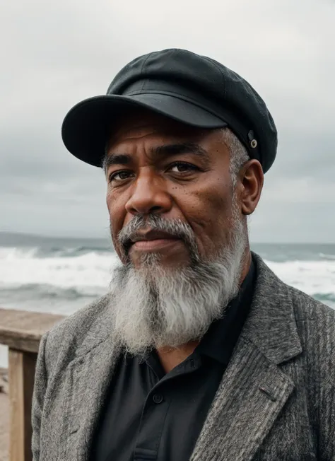 RAW Photo, DSLR, professional color graded, BREAK portrait of  an old black man, lighthouse keeper, big fussy white beard, high detailed skin, skin wrinkles, coastline, lighthouse, overcast weather, wind, waves, 8k uhd, dslr, soft lighting, high quality, film grain, Fujifilm XT3