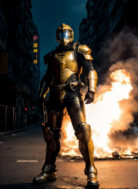 RAW Photo, DSLR, professional color graded, BREAK 1male, helmet, sunlight, masterpiece, sci-fi armor, high def, as an action hero, blue sky, 1man , ((heavy armor)), hands on hips, cowboy shot, on the streets, dystopianstreet, smoke, tear gas, fire, detailed, natural light, cinematic composition, power armor, intricate details, highly detailed, 8k, reflective metal, <lora:add_detail:0.8>, (fcPortrait:0.9)