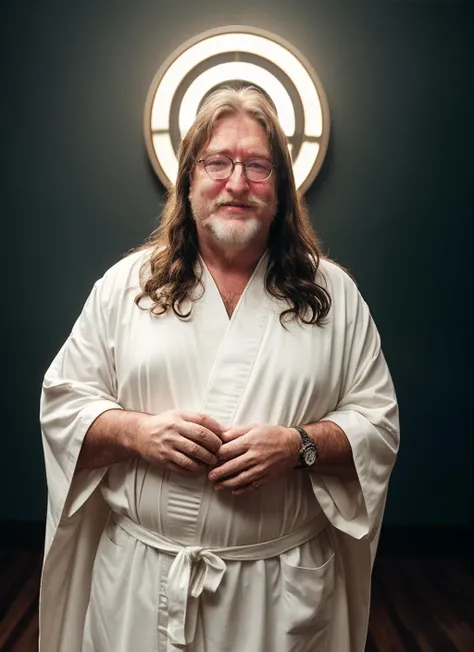 RAW Photo, DSLR, professional color graded, BREAK portrait of Jesus gabe newell, big fussy beard, wearing robe, long hair, high detailed skin, holy, halo, 8k uhd, dslr, soft lighting, high quality, film grain, Fujifilm XT3, Style-Renaissance, <lora:gaben_03:0.25>