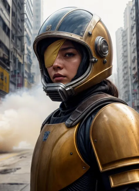 HDR, 8K resolution, intricate detail, sophisticated detail, depth of field, photorealistic, sharp focus, (closeup portrait), helmet, sunlight, masterpiece, sci-fi armor, high def, as an action hero, blue sky, wearing (eyepatch:1.5), cyborg, heavy armor, hands on hips, cowboy shot, on the streets, dystopian street, (smoke), detailed, natural light, cinematic composition, power armor, intricate details, highly detailed, 8k, reflective metal, <lora:add_detail:0.85>,