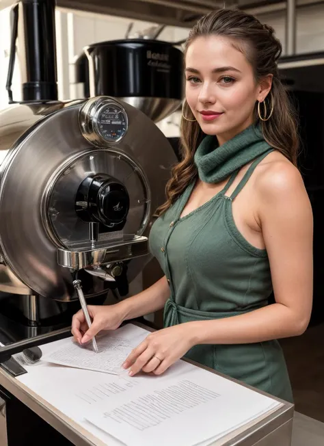 HDR, 8K resolution, intricate detail, sophisticated detail, depth of field, photorealistic, sharp focus, 1girl, A button-down dress with a wool scarf and loafers, Woman, Tall, Narrow Hips, Square Face, Fair Skin, Gray Hair, Green Eyes, [[Curved Nose]], Thick Lips, Receding Chin, Shoulder-Length Hair, Wavy Hair, French Braid, firm breasts, Hoop earrings, mauve sheer lipstick, Fuchsia Mesh Halter Bra and Panty Set, A surprise proposal under the stars, graphic light, kicker light,  at Coffee Roasting Station: A dedicated coffee roasting station is situated within the cafe, showcasing the art and science of coffee bean roasting. Customers can witness the roasting process and even participate in coffee tasting sessions to expand their knowledge and appreciation for specialty coffee. , <lora:add_detail:0.85>,  <lora:GoodHands-vanilla:1>