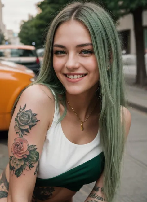 portrait of girl with a cute smile and long sleek green hair, fashion, orange and amber pastel color palette, glitter, epic details 8k, super high quality, tattoo, Canon EOS 5D, Burst out laughing,