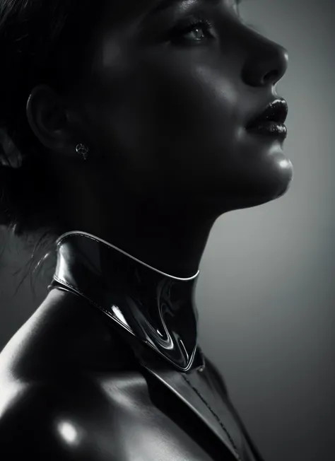 gimpy girl, black and grey, black, hyper-realistic sci-fi, dark cyan and light black, shiny/glossy, intense close-ups