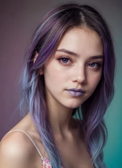 portrait girl with colorful hair, violet and cyan, soft-focused, realism, shiny eyes, neo-victorian, purple eyes, blue lips, glossy lips, smile