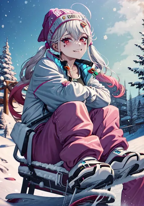(masterpiece, high quality,shiny skin:1.2) ,vivid color, high contrast,<lora:more_details:0.2>, <lora:GoodHands-beta2:1>,1girl,<lora:nikke_jackal-09:1>,nikkejackal,fang, facial mark,large breasts,ahoge, twintails, hair ornament, streaked hair, white hair, pink hair,red eye,evilsmile,evil eyes,snowstyle,blizzard, tundra, outdoors, winter, snowing, dark, darkness,<lora:snow-style-richy-v1:1>BREAK,skier,(knit hat),looking_at_viewer, Ski: Ski pants, ski jacket, thermal top, and snow boots,cowboy shot,sitting