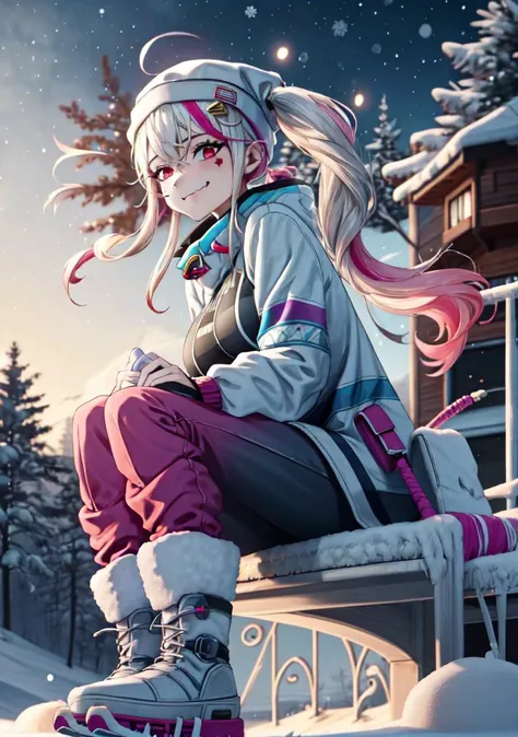 (8k, highest quality, Tabletop:1.2)、Ultra-high resolution, Detailed face, One **-****-*** girl, Golden Eyes, Silver Hair, Braid, Put on the hood, Pink Coat, gloves, boots, Pants look, Snow Mountain, it&#39;s snowing, Snow around, Snow Mountainを散歩中