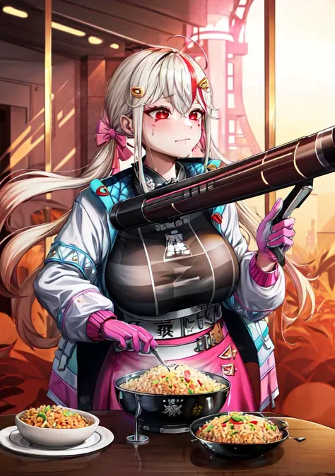masutepiece, Best Quality, 1girl in, Sharp eyes, Smile,rocket launcher、big round glasses,Camisole、Gizatooth