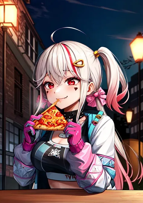 (masterpiece, high quality,shiny skin:1.4) ,vivid color, high contrast,<lora:more_details:0.3>, <lora:GoodHands-beta2:1>,1girl,<lora:nikke_jackal-09:1>,nikkejackal,fang, facial mark,large breasts,ahoge, twintails, hair ornament, streaked hair, white hair, pink hair,red eye,open clothes, jacket, sports bra, pink shorts, pink gloves,eating, table, upper body, pizza, happy,smile, lamp, outdoors, street, lamppost,night