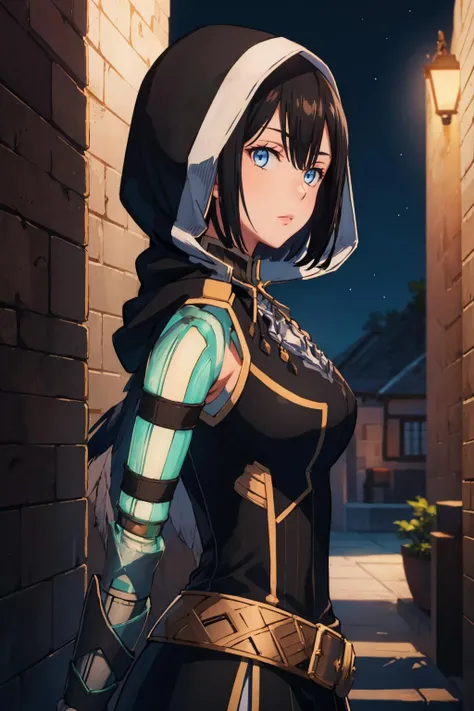 masterpiece, best quality, <lora:aprilis-nvwls-v1-000010:0.9> aprilis, armor, feathers, black shirt, black dress, hood, belt, single mechanical arm, cowboy shot, looking at viewer, night, from side, emotionless