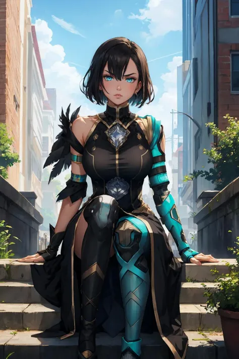 masterpiece, best quality, <lora:aprilis-nvwls-v1-000010:0.9> aprilis, aqua eyes, feathers, short hair, black shirt, black dress, single mechanical arm, large breasts, sitting, looking at viewer, furrowed brow, pout, stairs