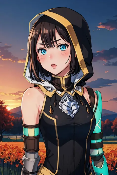 masterpiece, best quality, <lora:aprilis-nvwls-v1-000010:0.9> aprilis, aqua eyes, armor, bare shoulders, black shirt, black dress, single mechanical arm, hood, blush, looking at viewer, village, autumn, sunset, :o, upper body
