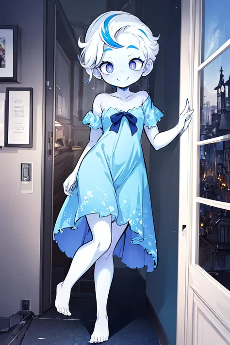 ((masterpiece)), (best quality), official art, extremely detailed CG, unity 8k wallpaper, ultra detailed, highly detailed,  Phantasma_Ghoul_School, solo, blue dress,  sexy pose, pale blue skin, barefoot, smile, in old ghost house,  
 <lora:Phantasma_Ghoul_School:0.8>
