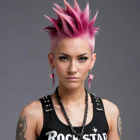 close-up photo of a woman, pink mohawk hair, wearing a rockstar outfit, looking at camera, <lora:megfox_xl_1_standard_merger_23_41_07_03:1>