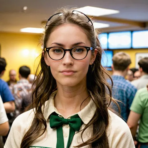 close-up photo of a woman, wearing a nerdy outfit, at a geek club, wearing glasses, sunny, looking at camera, <lora:megfox_xl_1_standard_merger_23_41_07_03:1>