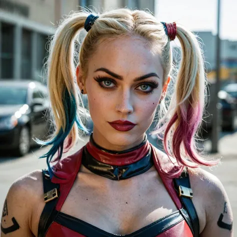High res closeup portrait photo of a stunning actress dressed as Harley Quinn, f /2.8, Canon, 85mm,cinematic, high quality, skin texture, looking at the camera, <lora:megfox_xl_1_standard_merger_23_41_07_03:1>