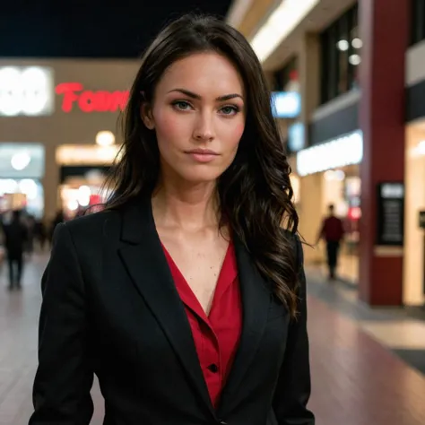 close-up photo of a woman, f /2.8, Canon, 85mm,cinematic, high quality, skin texture, wearing a black and red suit, at a mall, nighttime, looking at camera, <lora:megfox_xl_1_standard_merger_23_41_07_03:1>