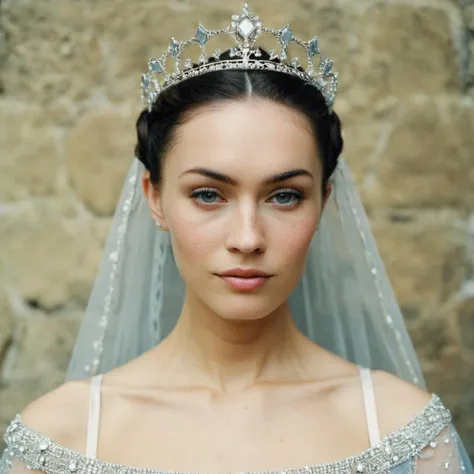 (Skin texture),High quality portrait photo, analog, film grain, actress dressed as a medieval queen with a delicate diamond tiara,regal, <lora:megfox_xl_1_standard_merger_23_41_07_03:1>