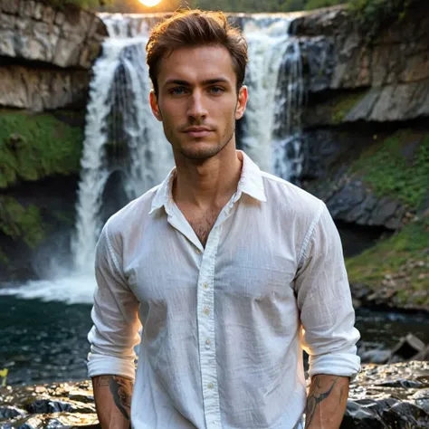 close-up photo of a man, wearing a white shirt with blue jeans, at a waterfall, sunset, looking at camera, <lora:megfox_xl_1_standard_merger_23_41_07_03:1>