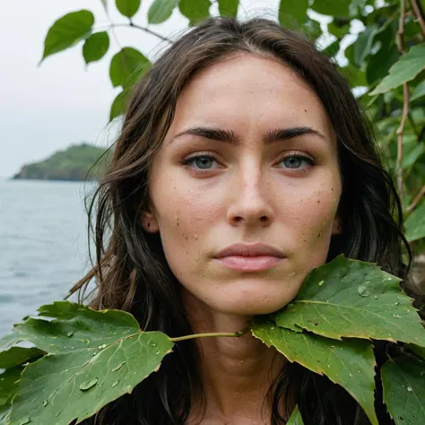 close-up photo of a woman, sad, tears rolling down face, wearing leaves that cover her whole body, on an island alone, looking at camera, <lora:megfox_xl_1_standard_merger_23_41_07_03:1>