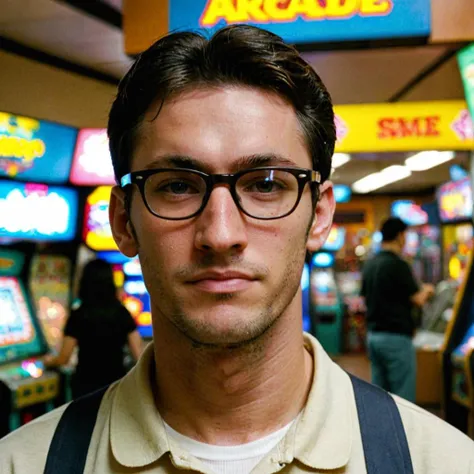 close-up photo of a man, wearing glasses, at an arcade, looking at camera, <lora:megfox_xl_1_standard_merger_23_41_07_03:1>