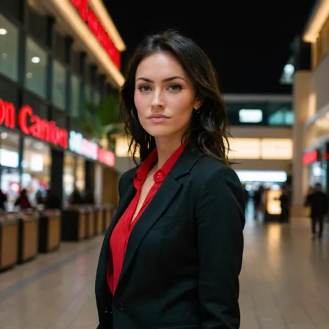 close-up photo of a woman, f /2.8, Canon, 85mm,cinematic, high quality, skin texture, wearing a black and red suit, at a mall, nighttime, looking at camera, <lora:megfox_xl_1_standard_merger_23_41_07_03:1>