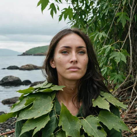 photo of a woman, sad, tears rolling down face, wearing leaves that cover her whole body, on an island alone, looking at camera, <lora:megfox_xl_1_standard_merger_23_41_07_03:1>