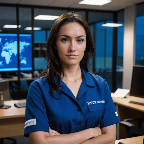 close-up photo of a woman, wearing a blue uniform, at a business office, nighttime, looking at camera, <lora:megfox_xl_1_standard_merger_23_41_07_03:1>