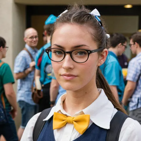 close-up photo of a woman, wearing a nerdy outfit, at a geek club, sunny, looking at camera, <lora:megfox_xl_1_standard_merger_23_41_07_03:1>