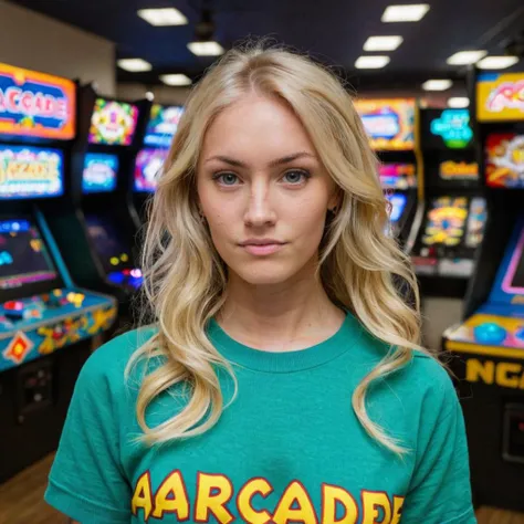 close-up photo of a woman, blonde hair, wearing a arcade themed shirt, looking at camera, <lora:megfox_xl_1_standard_merger_23_41_07_03:1>