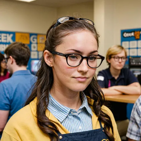 close-up photo of a woman, wearing a nerdy outfit, at a geek club, wearing glasses, sunny, looking at camera, <lora:megfox_xl_1_standard_merger_23_41_07_03:1>