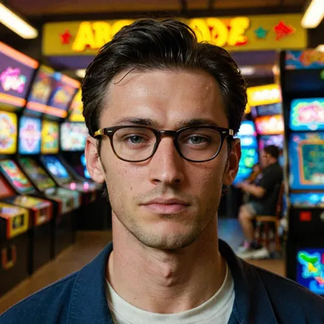 close-up photo of a man, wearing glasses, at an arcade, looking at camera, <lora:megfox_xl_1_standard_merger_23_41_07_03:1>