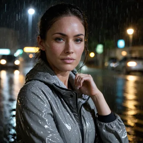 close-up photo of a woman, wearing a gray jacket, outside in the rain, nighttime, <lora:megfox_xl_1_standard_merger_23_41_07_03:1>