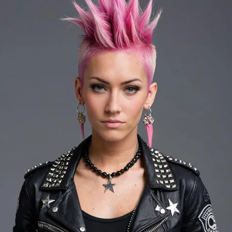 close-up photo of a woman, pink mohawk hair, wearing a rockstar outfit, looking at camera, <lora:megfox_xl_1_standard_merger_23_41_07_03:1>