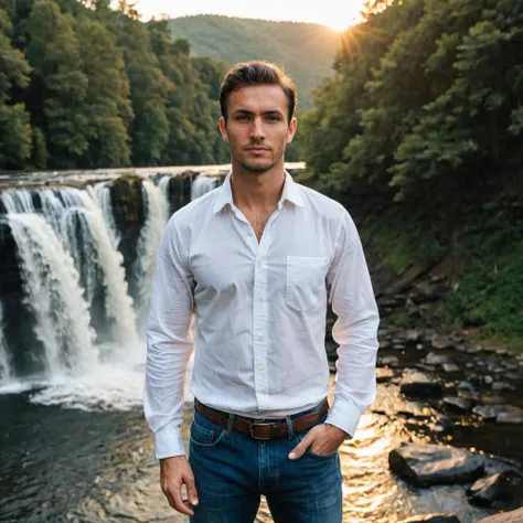 close-up photo of a man, wearing a white shirt with blue jeans, at a waterfall, sunset, looking at camera, <lora:megfox_xl_1_standard_merger_23_41_07_03:1>
