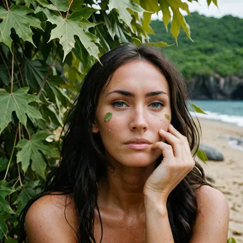 photo of a woman, sad, tears rolling down face, wearing leaves that cover her whole body, on an island alone, looking at camera, <lora:megfox_xl_1_standard_merger_23_41_07_03:1>