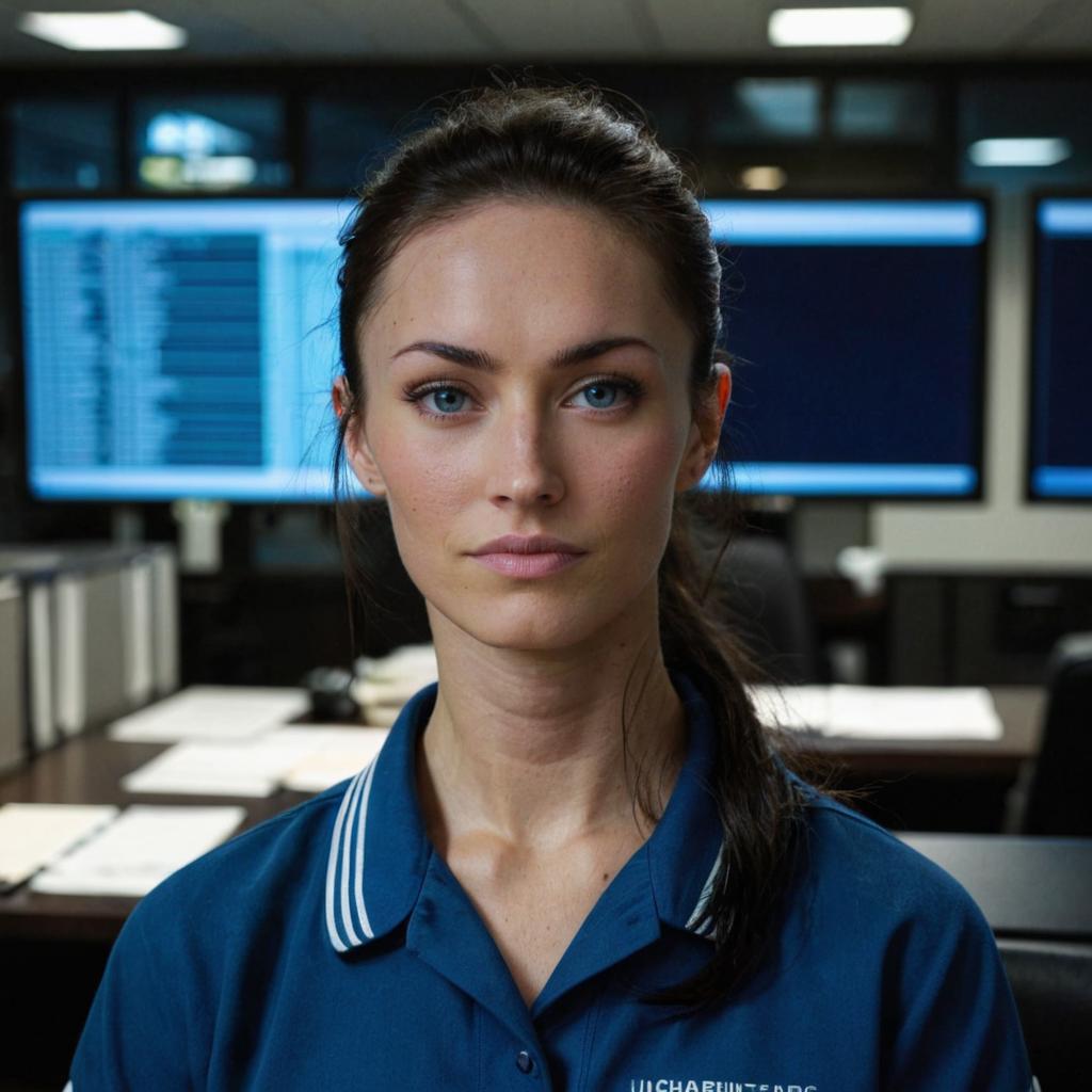 Arafed woman in a blue shirt standing in front of a computer - SeaArt AI