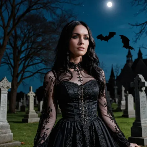 close-up photo of a woman, black hair, wearing a highly detailed gothic dress, at a cemetery, nighttime, bats in the air, spooky vibe, <lora:megfox_xl_1_standard_merger_23_41_07_03:1>