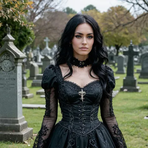 close-up photo of a woman, black hair, wearing a highly detailed gothic dress, at a cemetery,  <lora:megfox_xl_1_standard_merger_23_41_07_03:1>