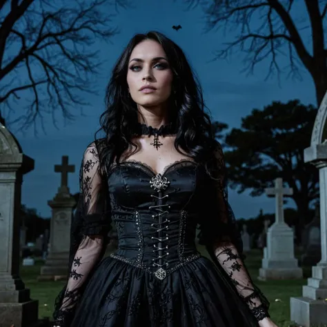 close-up photo of a woman, black hair, wearing a highly detailed gothic dress, at a cemetery, nighttime, bats in the air, spooky vibe, <lora:megfox_xl_1_standard_merger_23_41_07_03:1>