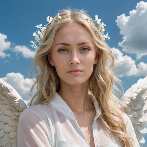 close-up photo of a woman as an angel, blonde hair, white halo, white clouds and heavenly sky, looking at viewer, <lora:megfox_xl_1_standard_merger_23_41_07_03:1>