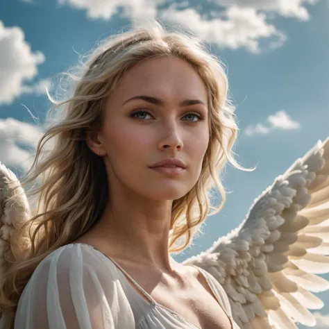 cinematic film still close-up photo of a woman as an angel, blonde hair, white halo, white clouds and heavenly sky, looking at viewer,  <lora:megfox_xl_1_standard_merger_23_41_07_03:1> . shallow depth of field, vignette, highly detailed, high budget, bokeh, cinemascope, moody, epic, gorgeous, film grain, grainy