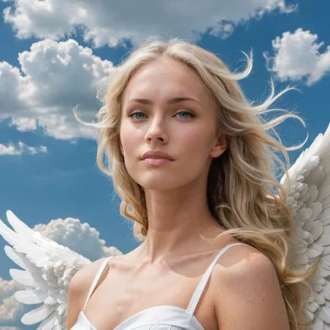 close-up photo of a woman as an angel, blonde hair, white halo, white clouds and heavenly sky, looking at viewer, <lora:megfox_xl_1_standard_merger_23_41_07_03:1>