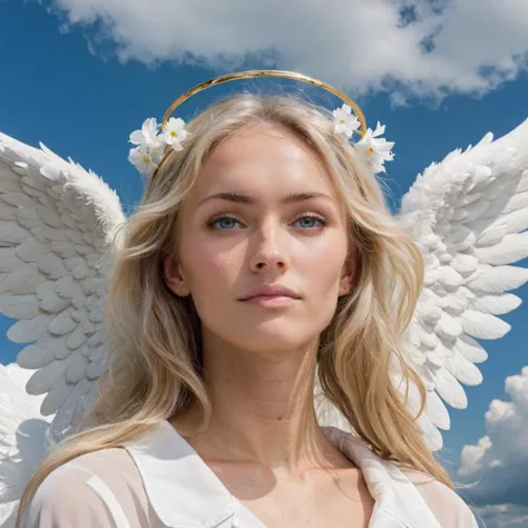 close-up photo of a woman as an angel, blonde hair, white halo, white clouds and heavenly sky, looking at viewer, <lora:megfox_xl_1_standard_merger_23_41_07_03:1>