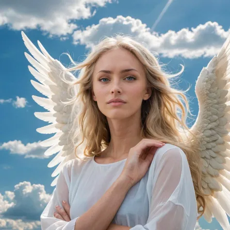 close-up photo of a woman as an angel, blonde hair, white halo, white clouds and heavenly sky, looking at viewer, <lora:megfox_xl_1_standard_merger_23_41_07_03:1>