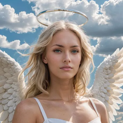 close-up photo of a woman as an angel, blonde hair, white halo, white clouds and heavenly sky, looking at viewer,  <lora:megfox_xl_1_standard_merger_23_41_07_03:1>