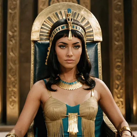 cinematic film still close-up photo of a woman as cleopatra, wearing a highly detailed cleopatra outfit, fierce and demanding, on a throne, egypt, looking at viewer, <lora:megfox_xl_1_standard_merger_23_41_07_03:1> . shallow depth of field, vignette, highly detailed, high budget, bokeh, cinemascope, moody, epic, gorgeous, film grain, grainy