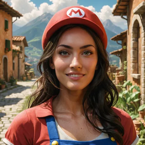 concept art close-up photo of a woman as mario, joyful, at a place in mario, looking at viewer, <lora:megfox_xl_1_standard_merger_23_41_07_03:1> . digital artwork, illustrative, painterly, matte painting, highly detailed