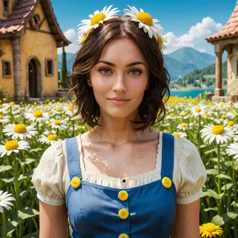 concept art close-up photo of a woman as daisy in mario, joyful, at a place in mario, looking at viewer, <lora:megfox_xl_1_standard_merger_23_41_07_03:1> . digital artwork, illustrative, painterly, matte painting, highly detailed