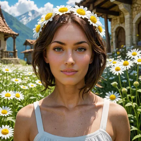 concept art close-up photo of a woman as daisy in mario, joyful, at a place in mario, looking at viewer, <lora:megfox_xl_1_standard_merger_23_41_07_03:1> . digital artwork, illustrative, painterly, matte painting, highly detailed
